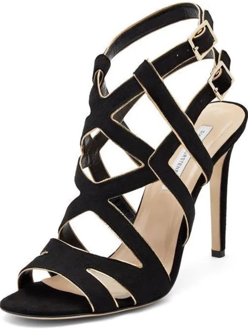 DVF Valene Black Suede Strappy High Heel Sandal with Gold Accents